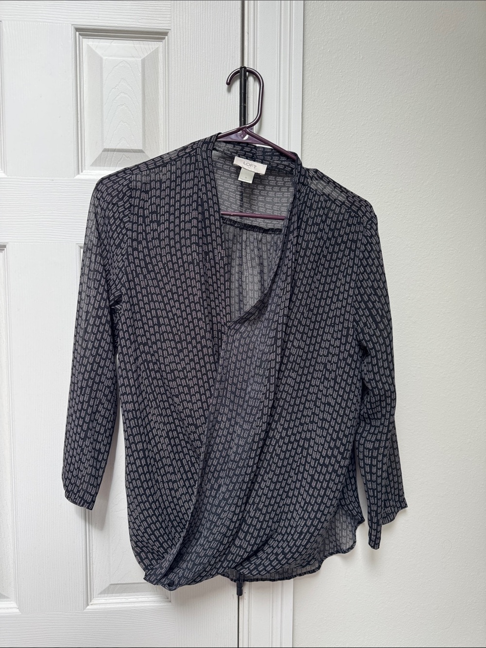 LOFT Navy Patterned Draped Crossover Blouse